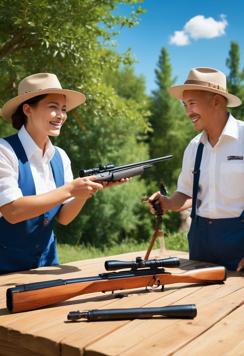 A vibrant outdoor scene showcasing a diverse group of Hatsan enthusiasts actively engaging in discussions about their favorite air rifles. Include various Hatsan models displayed on tables with cheerful faces, lush greenery in the background, and a bright blue sky. Capture the essence of community and passion through warm interactions and dynamic poses. super-realistic. vibrant colors. sunny ambiance.