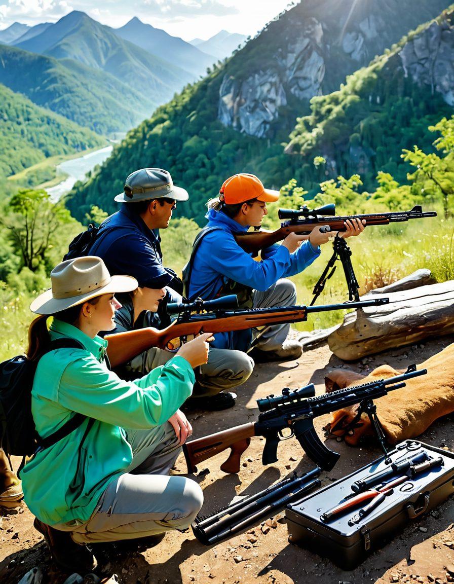 A vivid scene of a passionate outdoor enthusiast showcasing a variety of Hatsan firearms and airguns, surrounded by lush nature with mountains in the background. Capture the gleam of the metal surfaces reflecting sunlight, while depicting the joy of shooting practice, showcasing hats and outdoor gear. Include elements of camaraderie with friends enjoying the experience together. super-realistic. vibrant colors. nature backdrop.