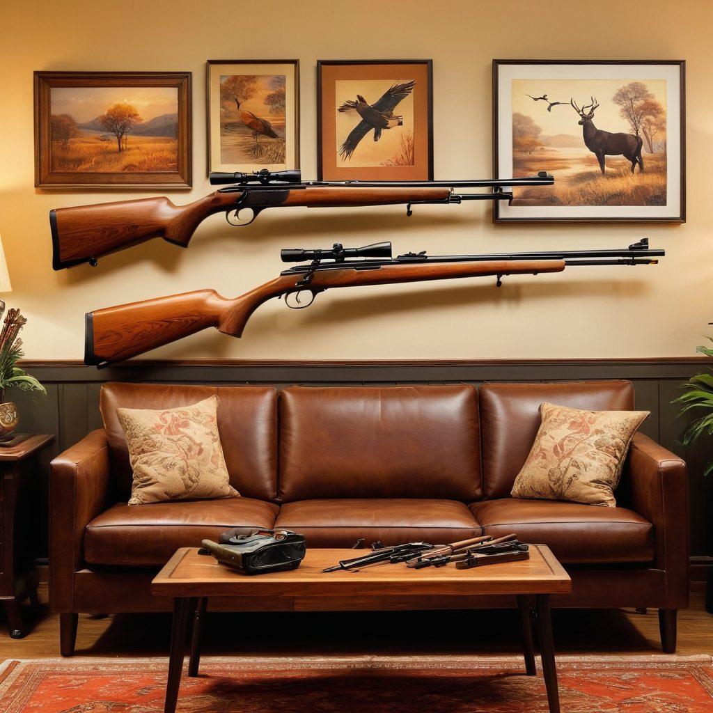A captivating display of various Hatsan air rifles elegantly arranged in a cozy living room setting, with warm lighting and a touch of personal memorabilia showcasing a journey from hobbyist to collector. The rifles should be artistically placed on a rustic wooden shelf accompanied by hunting accessories, and framed photos of nature scenes in the background. Emphasize warmth and passion in the atmosphere. vibrant colors. super-realistic.